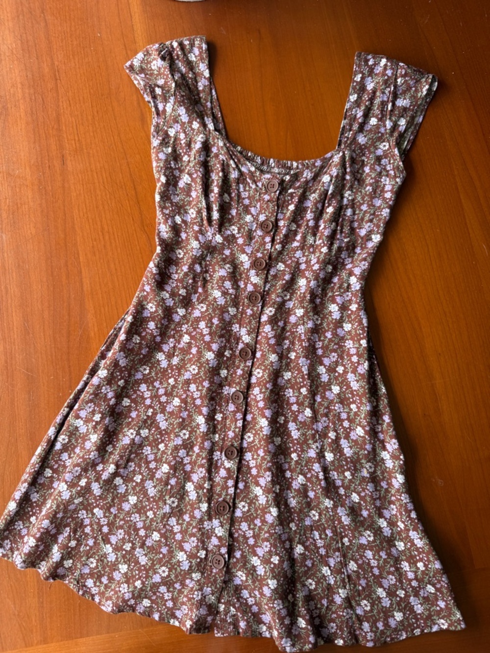 Aeropostale XS Brown and Purple Floral Button-Front Cap Sleeve Summer Dress